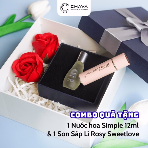[Combo Quà Tặng] 1 Nước Hoa Simple 12Ml + 1 Son Sáp Lì Rosy Sweet Love - Chava
