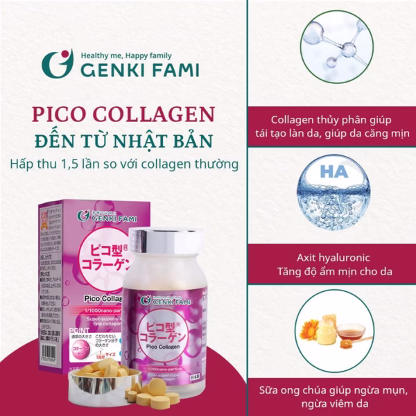 [Mua 1 Tặng 1] Viên Uống Hỗ Trợ Phục Hồi Làn Da Pico Collagen - Hộp 180 Viên - Genki Fami