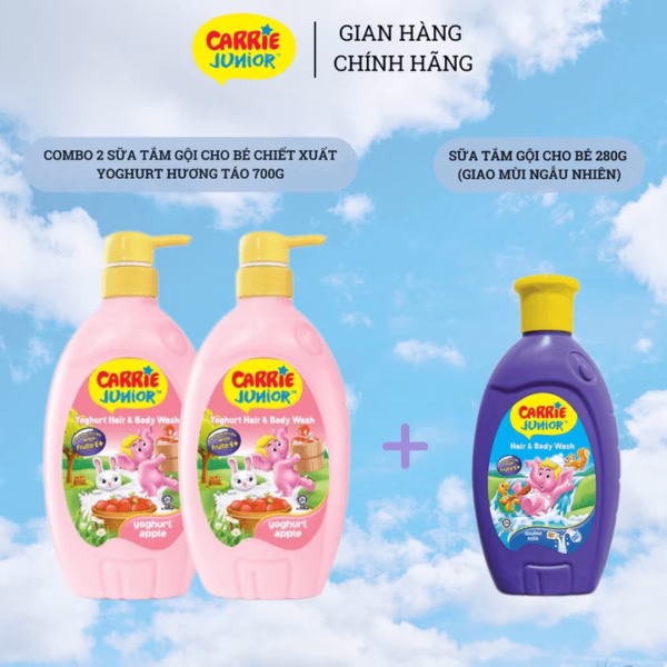 Combo 2 Sữa Tắm Gội Cho Bé Carrie Junior Chiết Xuất Yoghurt Hương Táo 700G + Chai 280G (Mùi Ngẫu Nhiên)