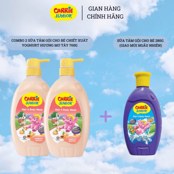 Combo 2 Sữa Tắm Gội Cho Bé Carrie Junior Chiết Xuất Yoghurt Hương Mơ Tây 700G + Chai 280G (Mùi Ngẫu Nhiên)