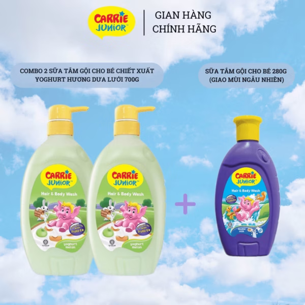Combo 2 Sữa Tắm Gội Cho Bé Carrie Junior Chiết Xuất Yoghurt Hương Dưa Lưới 700G + Chai 280G (Mùi Ngẫu Nhiên)