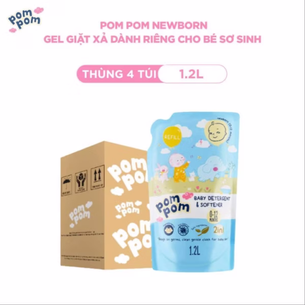 [Thùng 4 Túi 1.2L] - Dành Cho Bé Sơ Sinh- Gel Giặt Xả 2In1- Sạch Sâu - Kháng Khuẩn - Khử Mùi Nôn Trớ, Ọc Sữa, Tè Khai-Lưu Hương Phấn Thơm Dịu Nhẹ