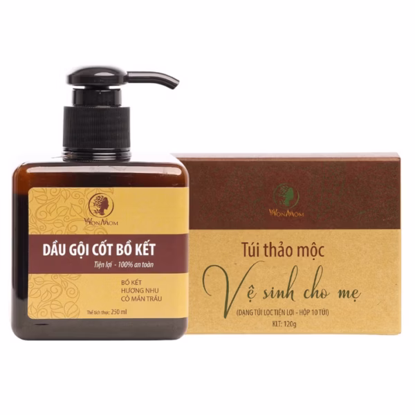Bộ Giảm Rụng Tóc, Trị Gàu, Khử Mùi Vùng Kín Wonmom (1 Dầu Gội Bồ Kết + 1 Hộp Thảo Mộc Xông Vùng Kín)