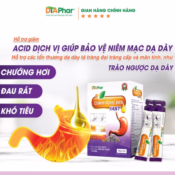 Dung Dịch Nghệ Đen Fast Hỗ Trợ Giảm Nhanh Acid Dịch Vị Bảo Vệ Niệm Mạc Dạ Dày Giảm Đau Và Trào Ngược Hộp 15 Gói