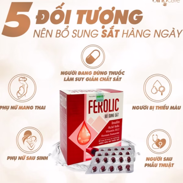 Viên Uống Ferolic Bổ Sung Sắt, Acid Folic,Inulin, Vitamin B12 Hộp 100 Viên - Singcare