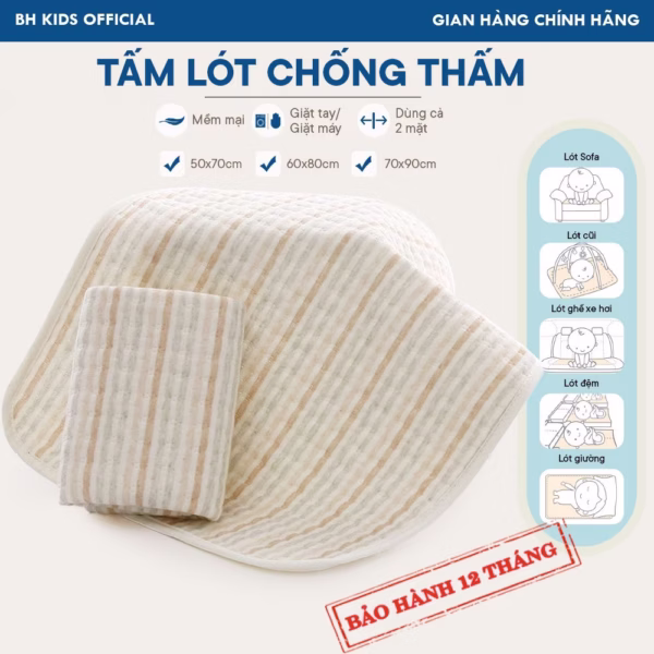 Tấm Lót Chống Thấm Đa Năng Cho Bé, Cho Mẹ Sau Sinh, Người Cao Tuổi Organic Cao Cấp, Mềm Mại, Dùng Cả 2 Mặt Ch132 - Bh Kids