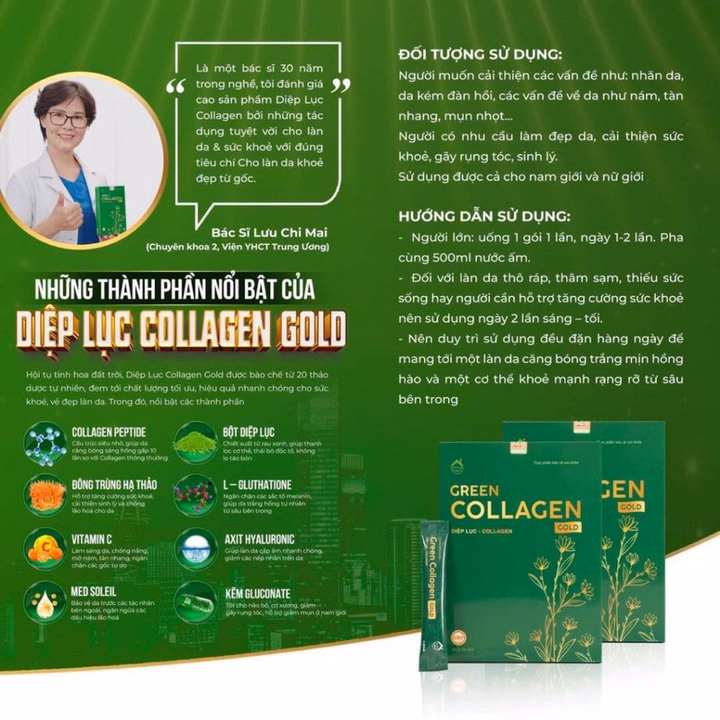 Diệp Lục Collagen Gold Chính Hãng Green Giảm Mụn Nám Tàn Nhang, Hổ Trợ Trắng Da Mịn Hộp 30 Gói - Gdn - Ảnh 3