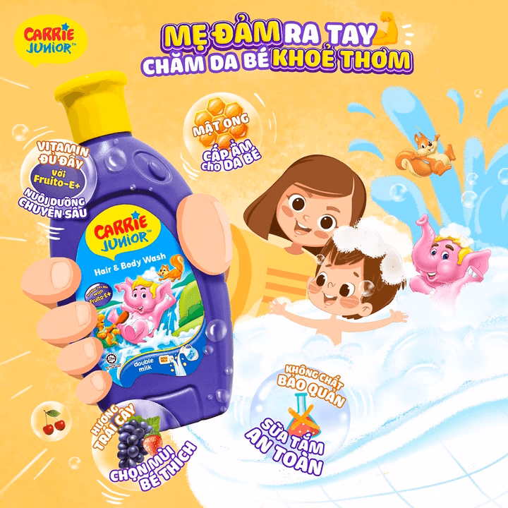 Combo 2 Túi Sữa Tắm Gội Carrie Junior Cho Bé Chiết Xuất Trái Cây Thiên Nhiên Hương Cheeky Cherry 500G - Ảnh 4