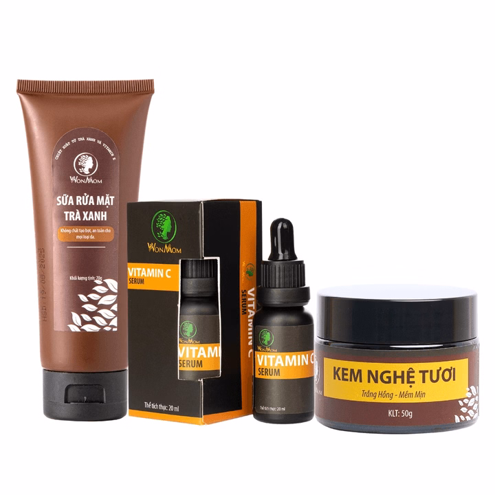 Bộ Dưỡng Da Mặt Trắng Hồng Chuyên Sâu Từ Thảo Mộc Wonmom (1 Sữa Rửa Mặt + 1 Serum Vitamin C + 1 Kem Nghệ Tươi)