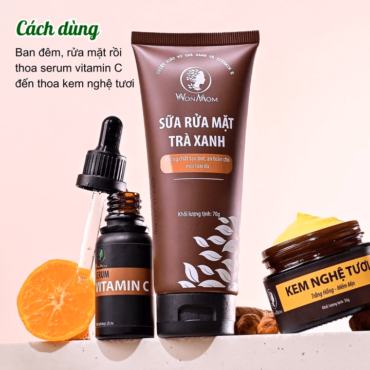 Bộ Dưỡng Da Mặt Trắng Hồng Chuyên Sâu Từ Thảo Mộc Wonmom (1 Sữa Rửa Mặt + 1 Serum Vitamin C + 1 Kem Nghệ Tươi) - Ảnh 2
