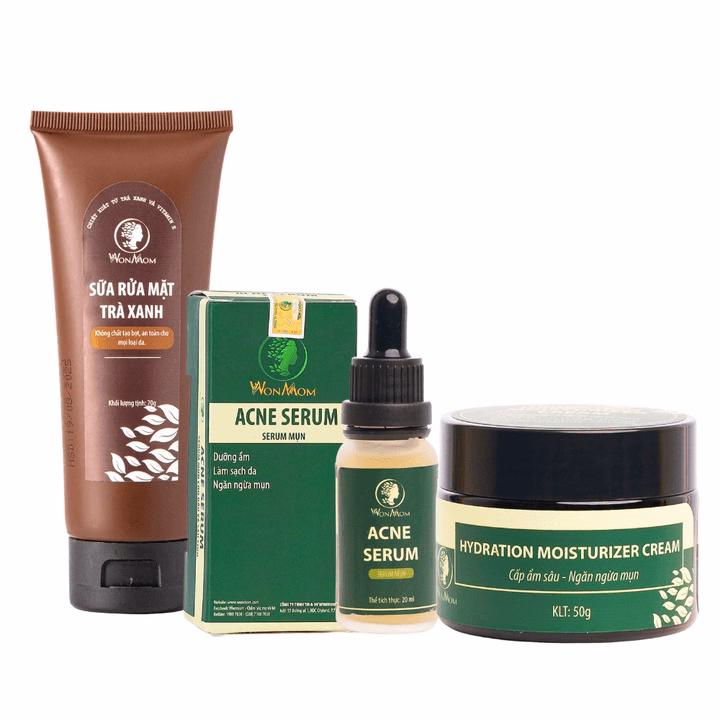 Bộ Đánh Bay Mụn Cứng Đầu Chuyên Sâu Wonmom (1 Sữa Rửa Mặt + 1 Serum Mụn + 1 Kem Cấp Ẩm)
