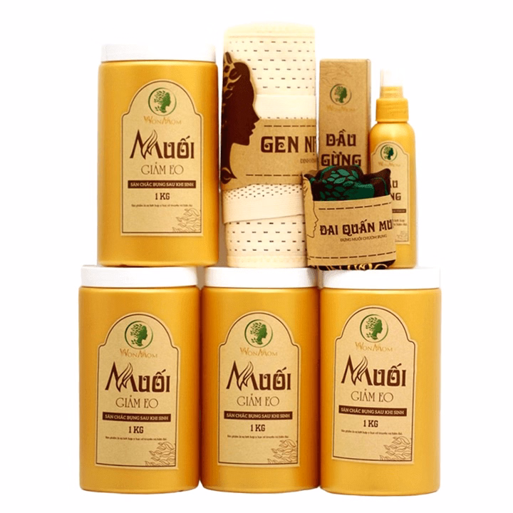 Bộ Giảm Eo Sau Sinh Wonmom (Muối Thảo Dược, Dầu Gừng, Đai Quấn Muối Và Nịt Bụng)