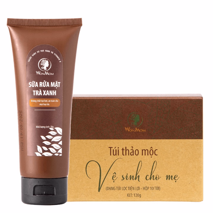 Bộ Sáng Da Mặt, Ngăn Ngừa Mụn, Se Khít, Làm Hồng Vùng Kín Wonmom (1 Sữa Rửa Mặt + 1 Hộp Thảo Mộc Xông Vùng Kín)