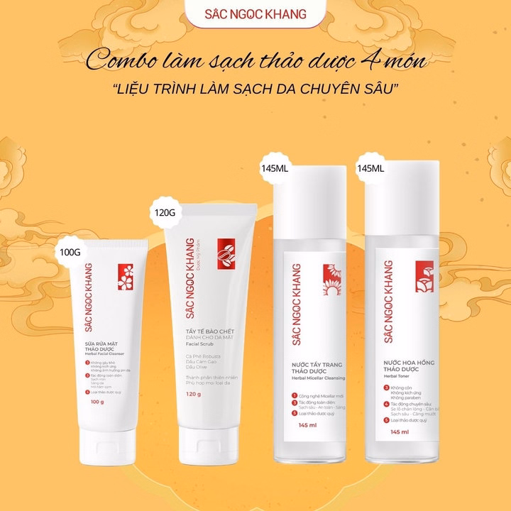 Bộ Làm Sạch Da Từ Thảo Dược Sắc Ngọc Khang (Nước Tẩy Trang + Sữa Rửa Mặt + Nước Hoa Hồng + Tẩy Tế Bào Chết Da Mặt)