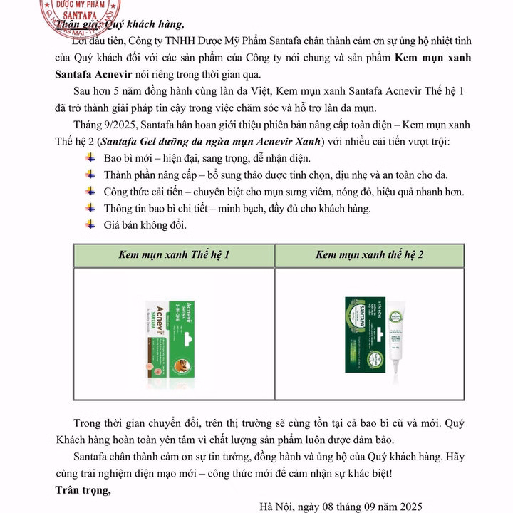 Kem Trị Mụn Bọc, Mụn Mủ Acnevir (Xanh) - Santafa - Ảnh 3