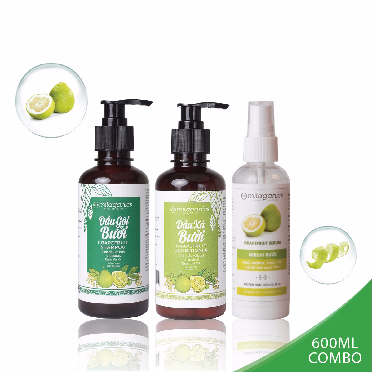 Bộ 3 Sản Phẩm Kích Thích Mọc Tóc & Ngăn Ngừa Rụng Tóc: Dầu Gội, Dầu Xả, Serum Bưởi - Milaganics (600Ml/ Bộ)