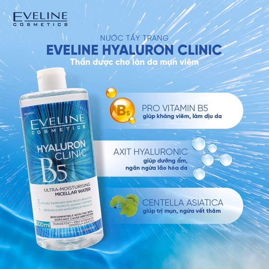 Nước Tẩy Trang Eveline Hyaluronic Clinic B5 Dưỡng Ẩm Da 500Ml - Ảnh 3