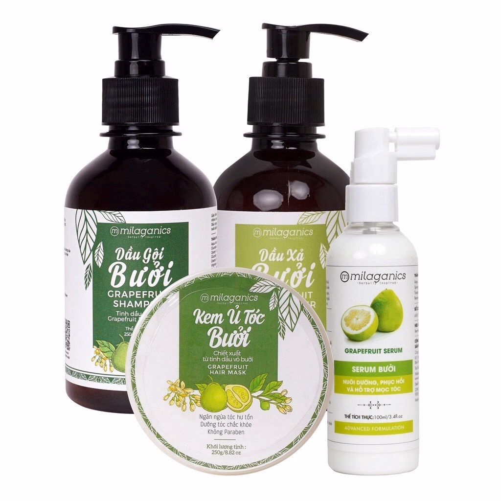 Bộ 4 Sản Phẩm Kích Thích Mọc Tóc Từ Tinh Dầu Bưởi: Dầu Gội, Dầu Xả, Kem Ủ & Serum Bưởi - Milaganics (850Ml/ Bộ) - Ảnh 2