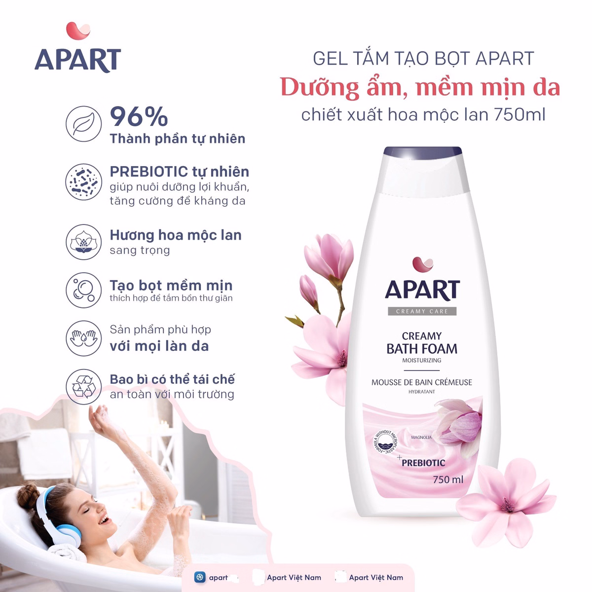 Gel Tắm Tạo Bọt Dưỡng Ẩm, Mềm Mịn Da Chiết Xuất Hoa Mộc Lan 750Ml-Apart - Ảnh 2